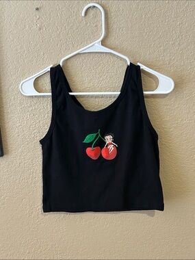 Betty Boop Cherry Graphic Black Cropped Tank Top Fleischer Studios XL Y2K